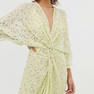 ASOS Pale Lime Sequin Twist-Front Long Sleeve Dress or Swimsuit Cover-up